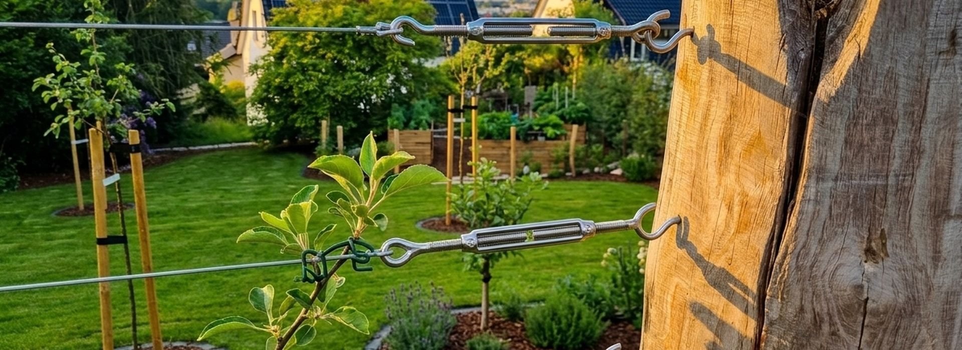 Edelstahl-Spannschlösser für Obstbaum-Spalier an Holzpfosten, dahinter ein gepflegter Garten mit Rasen und Häusern im Abendlicht